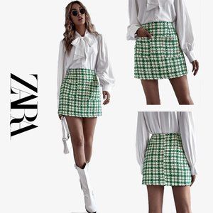 NEW Zara Tweed Green Cream Bejeweled Houndstooth Mini Skirt- Size S